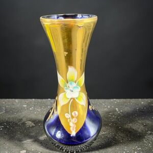 Bohemian Cobalt Blue Glass Bud Vase Gold Encrusted Hand Painted Floral Vintage